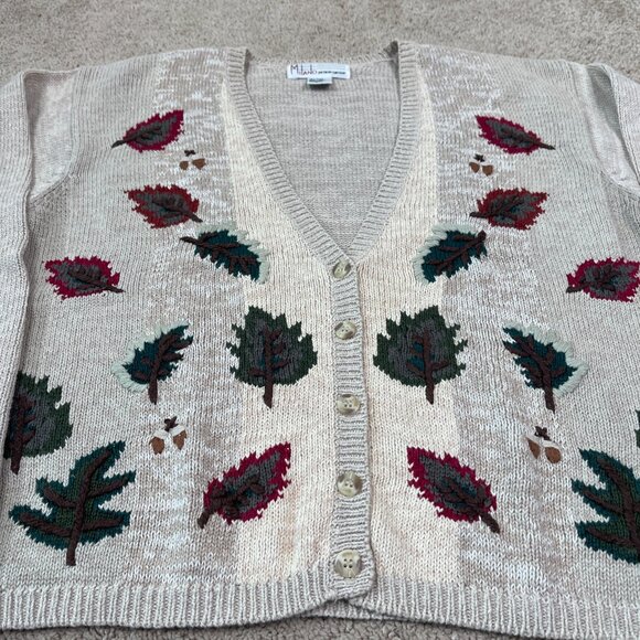 Milano Design Group Sweater Womens M Brown Fall Leaf Cardigan Vintage Autumn - Picture 2 of 8